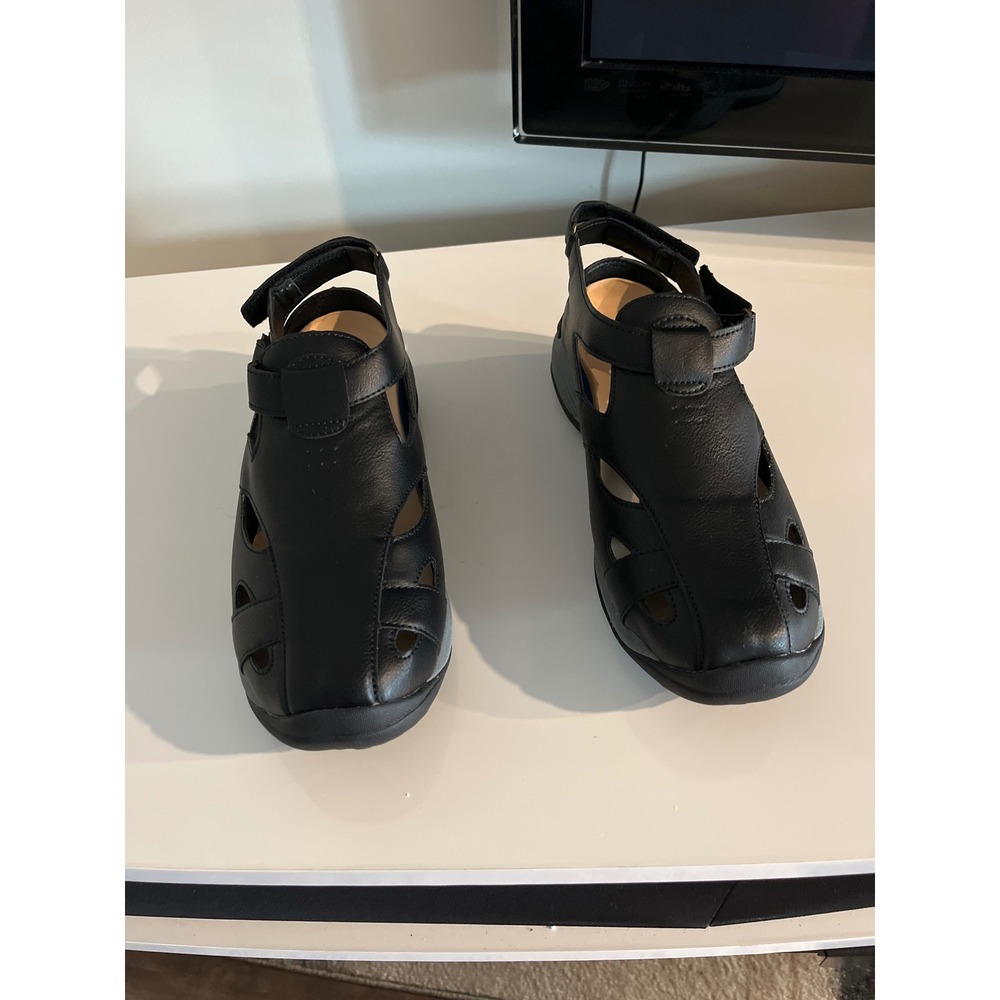 Ped-Lite Women Black Leather‎ Fisherman Sandals Closed Toe Comfort Walking Shoes
